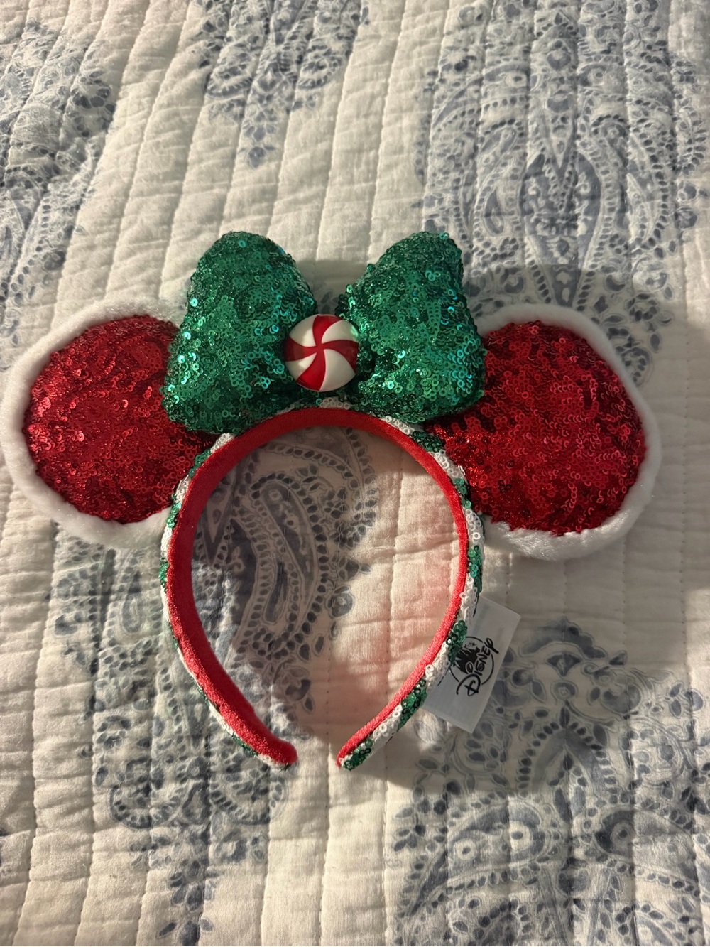 Disney Red Sequin Minnie Ears Headband with Green Bow and Peppermint Accent